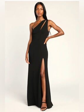 One-Shoulder Black Evening Gown with Thigh Slit
